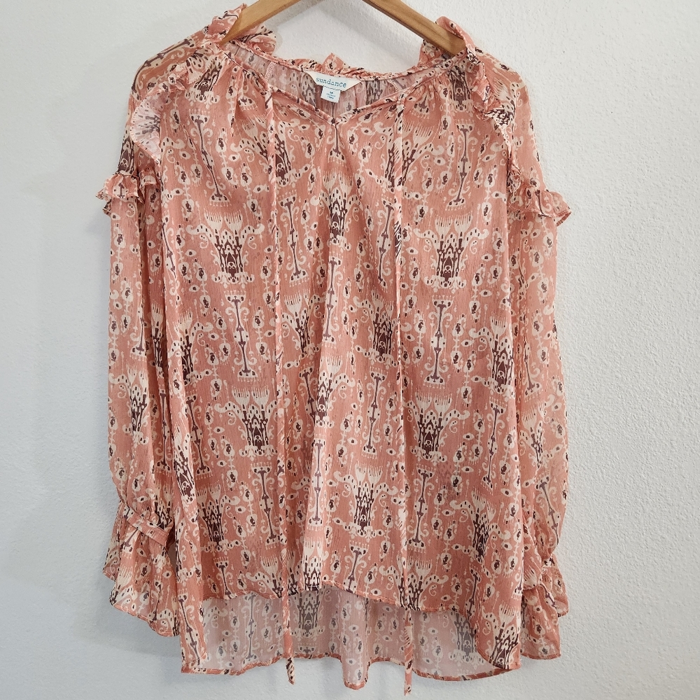 Sundance Blouse Womens Medium Pink Flowy Ruffle Top Sheer Cottage Prairie Boho